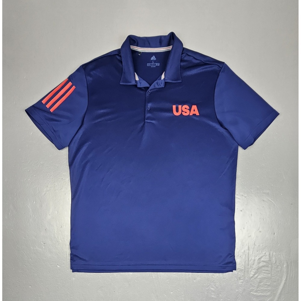 Adidas USA Golf Polo Shirt Mens Large‎ Blue Red Athletic Performance FJ7886